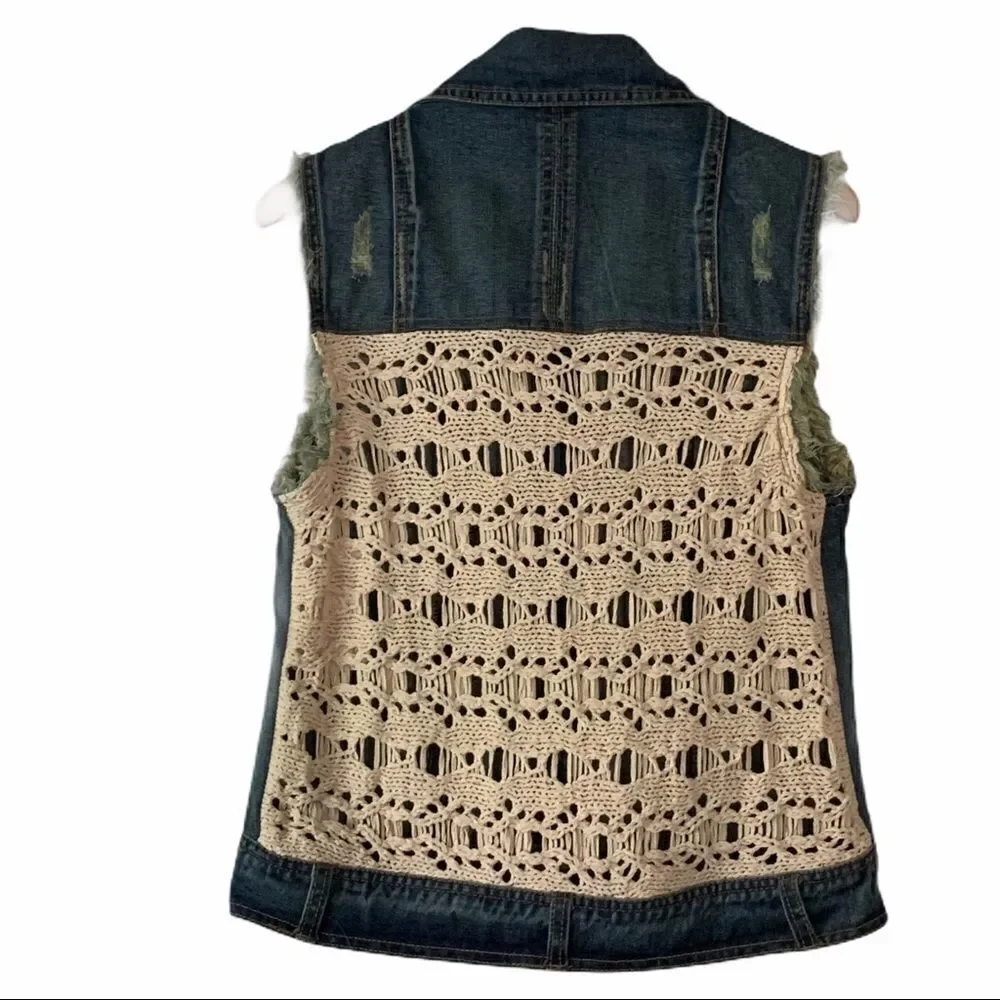 Free People Macrame Back Distressed Denim Vest